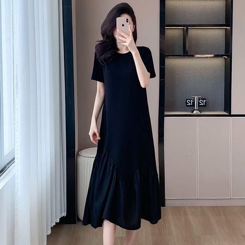 Long Over-The-Knee Ruffled Dress for Women 2026 Summer New Design Fashionable Spliced Short-Sleeved T-Shirt Long Dress