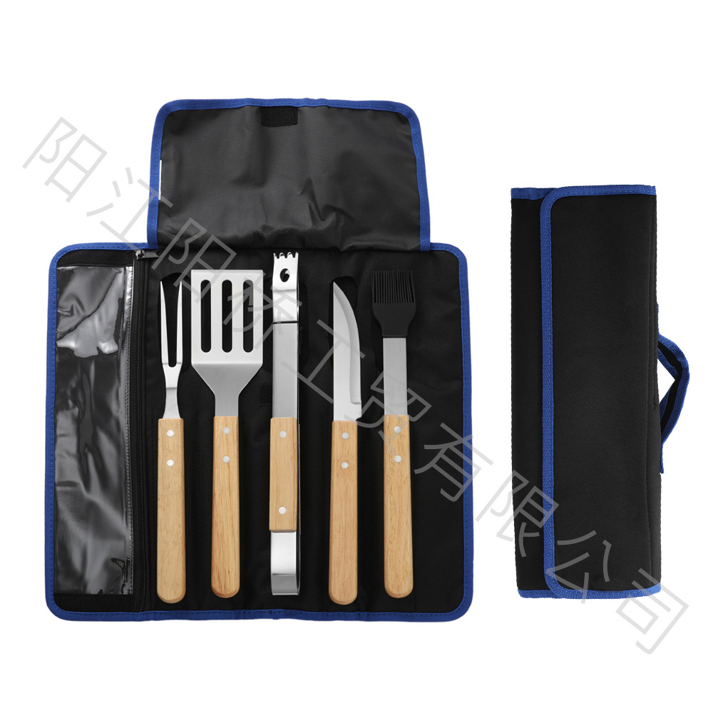 Fábrica amazon barbacoa herramientas bolsa de tela mango madera para hornear set traje picnic al aire libre cuchillo acero inoxidable tenedor pala clip