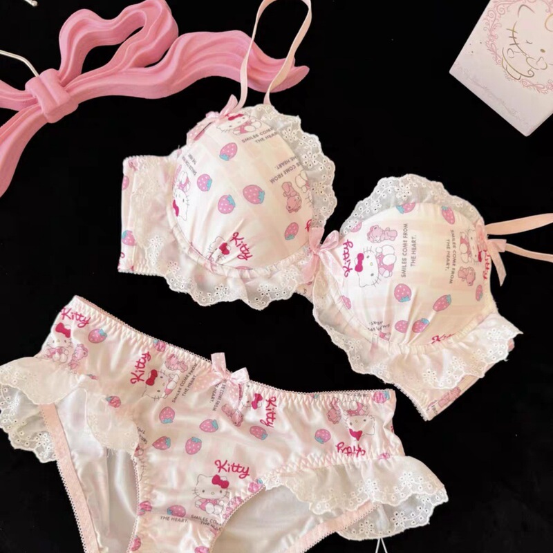 New Japanese-Style Cute Kt Color-Block Lace Wireless Bra for Girls, Sweet Bow Thin Bra Set