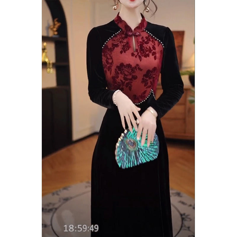 새로운 슬리밍 원피스 여성 가을 겨울 비싼 국가 스타일 스커트 여성 벨벳 개선 청삼 우아한 중국 스타일