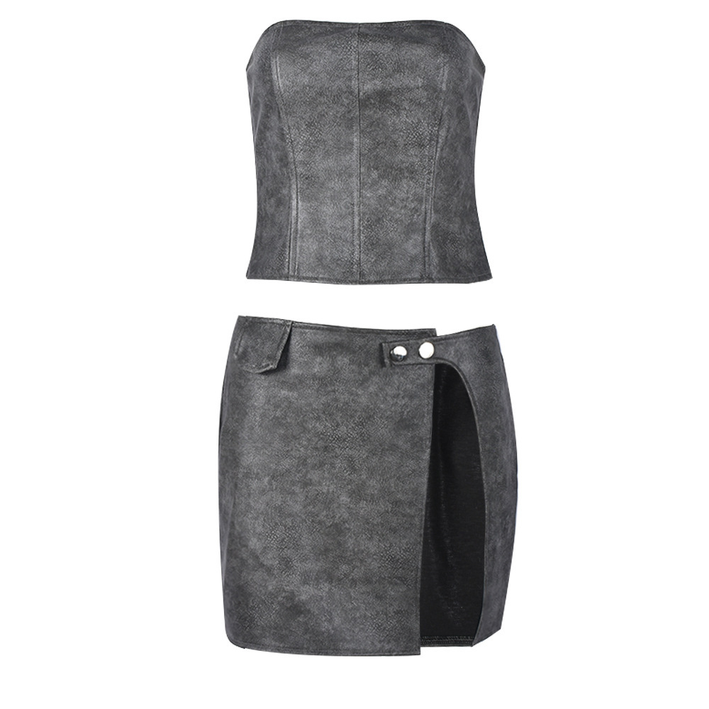 Slim Fit Wrapped Chest Sheath Split Faux Leather Skirt Set Women Clothing