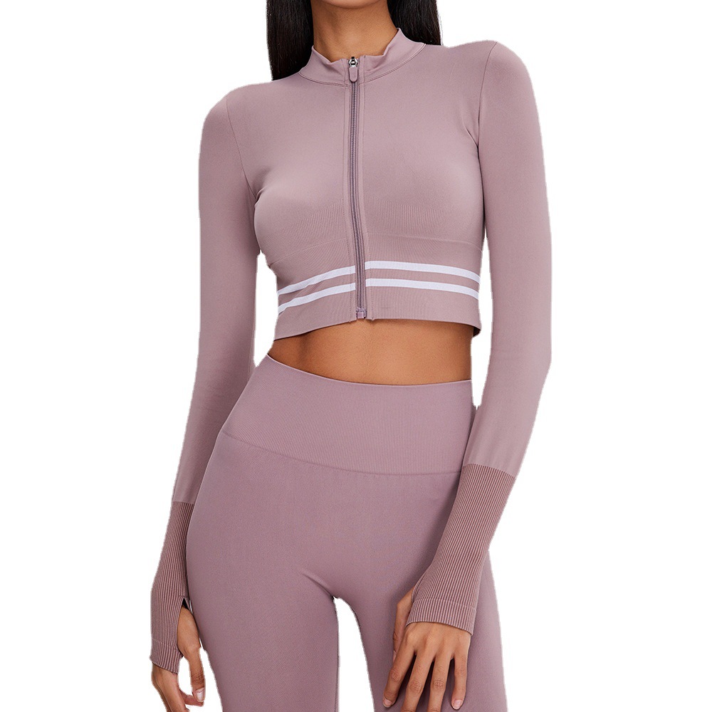 Ropa de yoga sin costuras de manga larga apretado corto yoga Top cremallera collar chaqueta deportiva nude fitness top