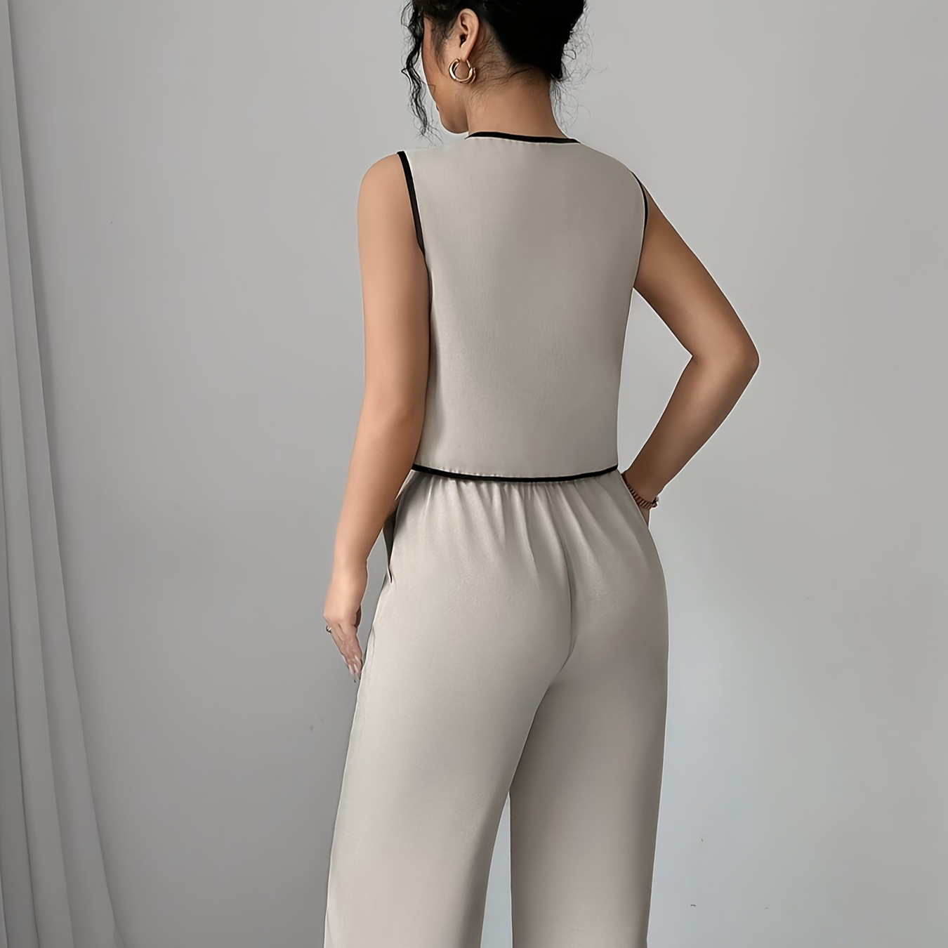 Women's Clothing Contrast Color Bow Tie Shirt Beige Wide Leg Pants Suit_ecoleips.com