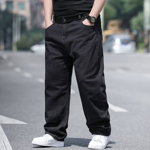 Men's plus size denim jeans for autumn, plus size men's pants, loose straight-leg, for plus-size individuals, wide-leg, elastic waist long pants