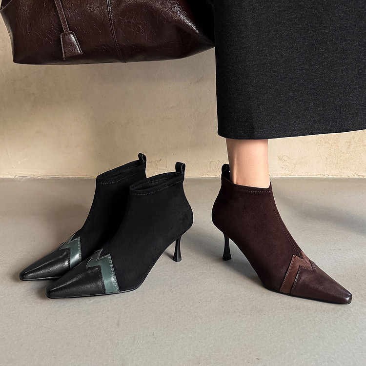 Top-layer cowhide + elastic women's ankle boots, new autumn and winter pointed-toe stiletto heel boots, women's elastic short boots