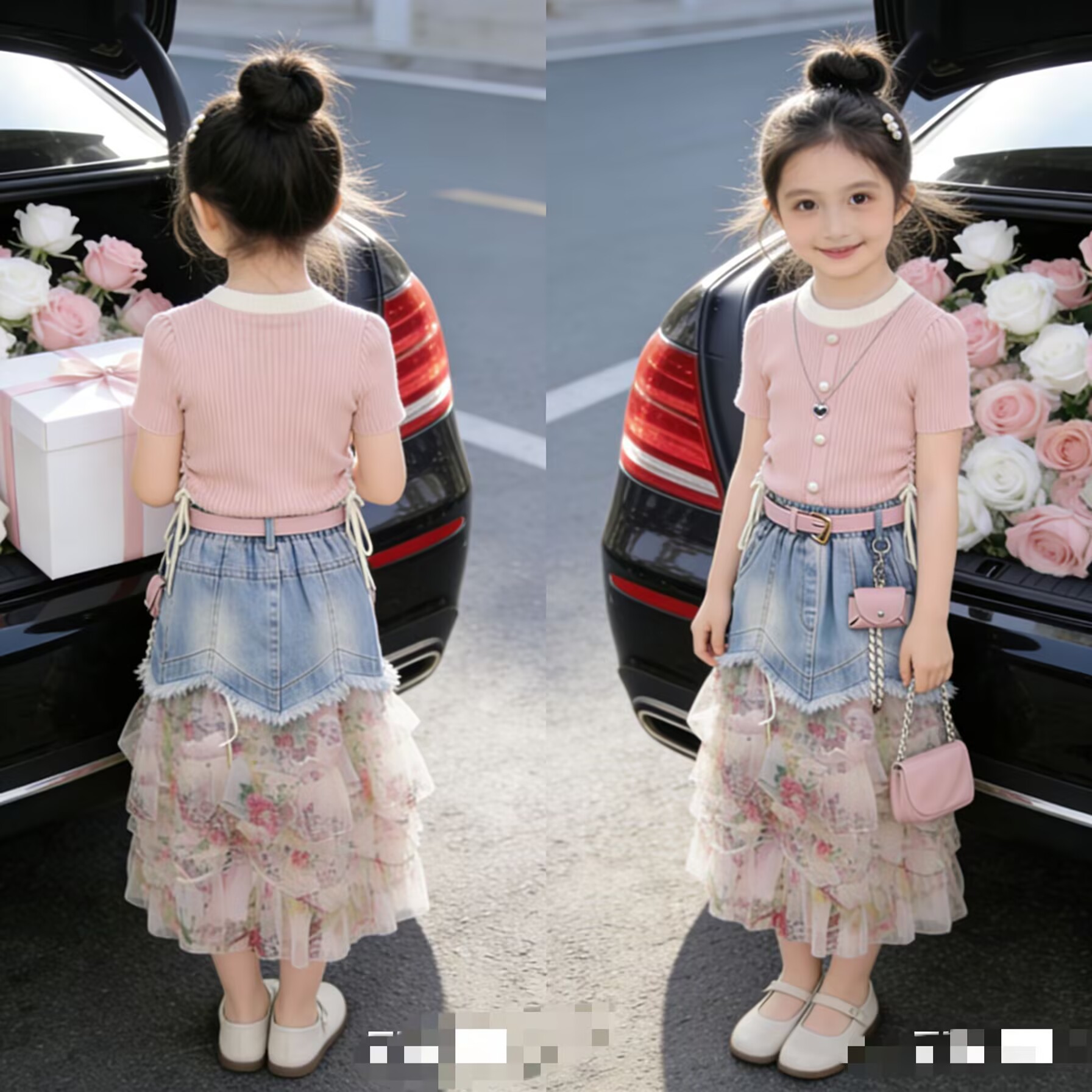 2026夏女童甜美风短袖上衣蛋糕裙两件套夏季新款洋气牛仔裙子套装