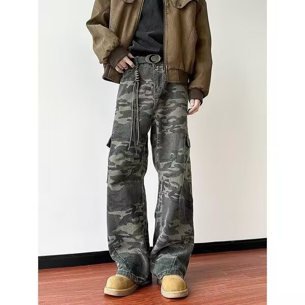 Vintage jeans de cintura alta de mujeres primavera y otoño diseño de camuflaje nicho pantalones largos rectos sueltos pantalones de piernas anchas