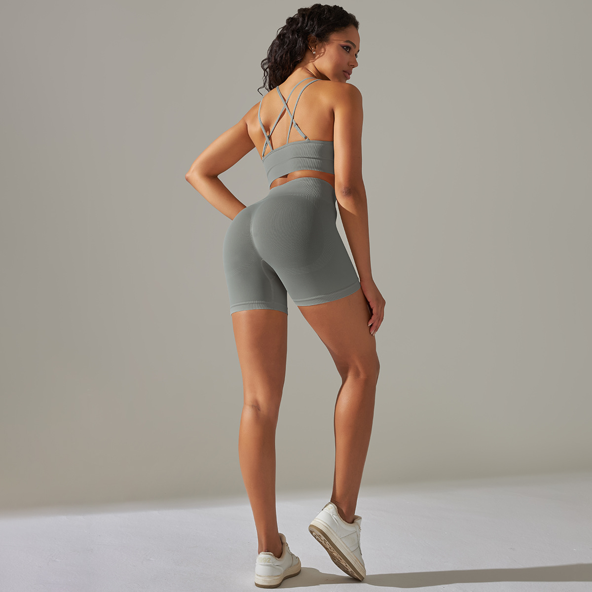 Transfronterizo europeo y americano sin costuras apretado espalda deportiva ropa interior ropa de yoga traje correr fitness pantalones cortos conjunto de dos piezas