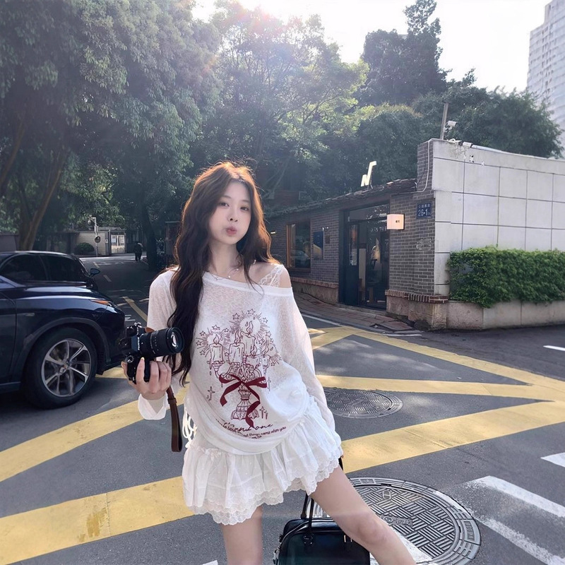 慵懒风宽松印花长袖印花罩衫T恤女夏季中长款薄款外搭防晒衫上衣|undefined