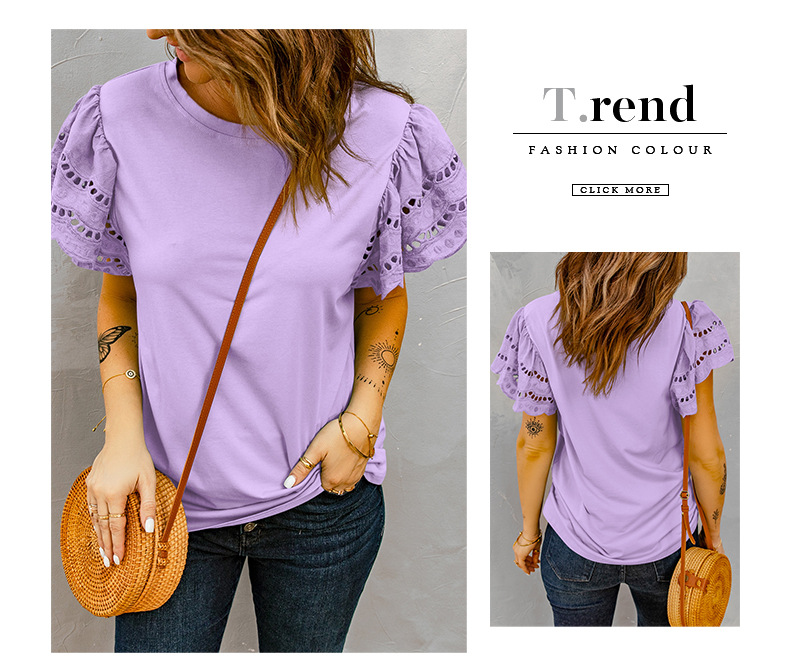 round neck short sleeve hollow loose solid color t-shirt NSSI120252