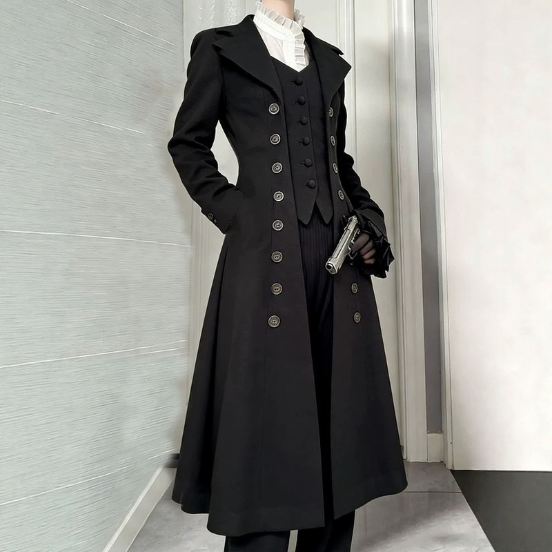 Vintage England: New Early Spring Japanese Dark Gothic Prince Style Double-Breasted Mid-Length Blazer Coat
