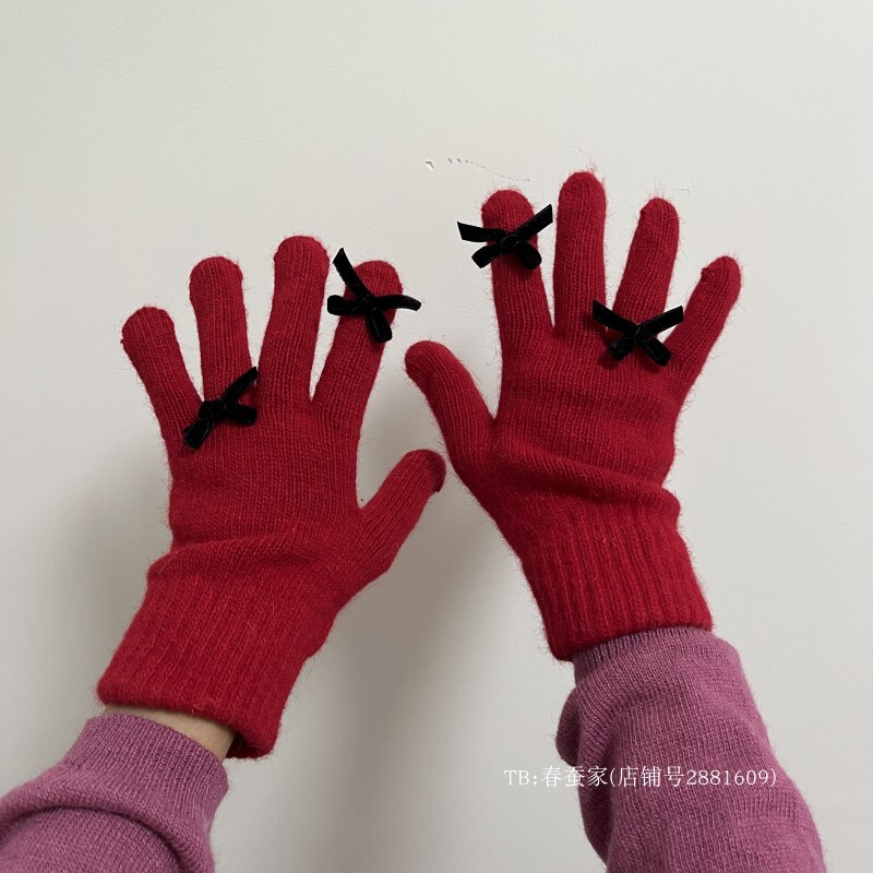 韓国版insウサギの毛のニットの手袋の女性の冬の蝶結びのかわいい保温の防寒の指の手袋の5本の指の騎乗|undefined