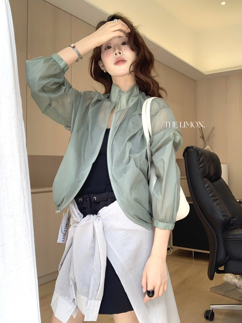 Áo chống nắng nữ dáng dài cổ đứng rút dây phong cách trẻ trung — Xám cacbon, Xám tím, xanh lam, màu cam chi tiết 11