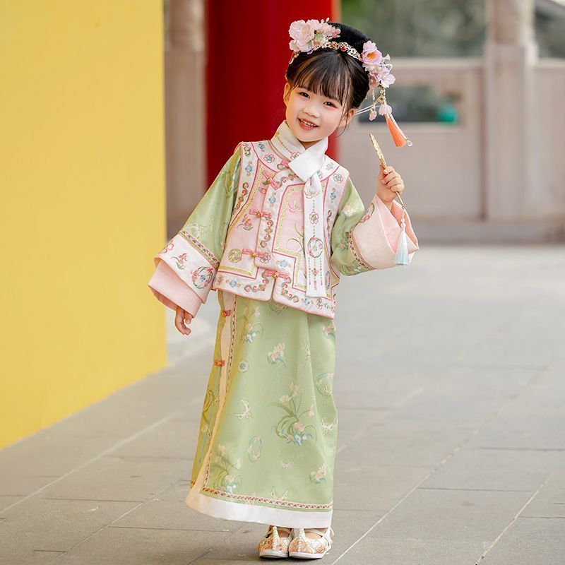 汉服女童格格春秋儿童中国古装25年旗袍清朝新款中式印花旗袍套装|undefined