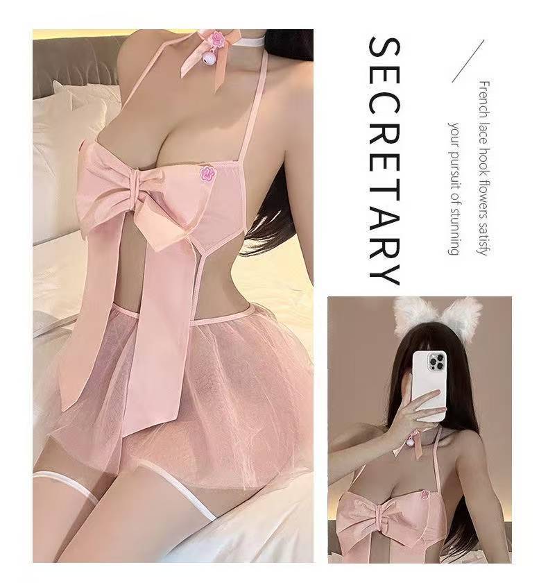 Pink Bow Three-Piece Lingerie Set with Mesh Overlay, Collar Bell and White Tights — detail image 4