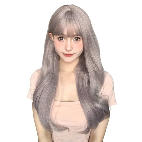 Cheng Ming Wig Female Gray Purple Water Ripple Internet Celebrity Simulation Big Wave Long Curly Hair  Summer Fashion Full Head Cover