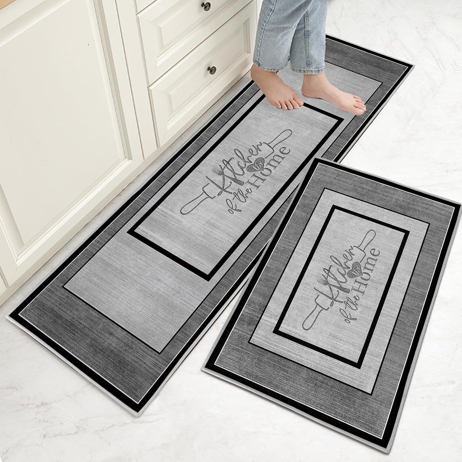 Factory direct sale simple line kitchen floor mat two-piece set American-style knife and fork long absorbent foot mat Amazon TEMU