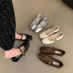 韓国版百合一字靴付きの銀色の女性靴夏のフランス式レトロなメアリー珍靴の平底靴の小さい革靴
