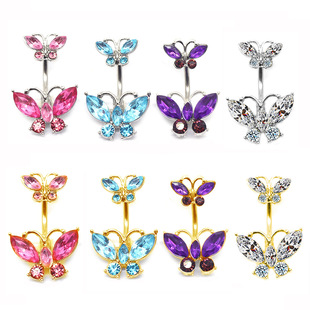 Gaibei shiny Double Butterfly glass navel ring European and American trend exquisite puncture jewelry navel buckle manufacturer in stock