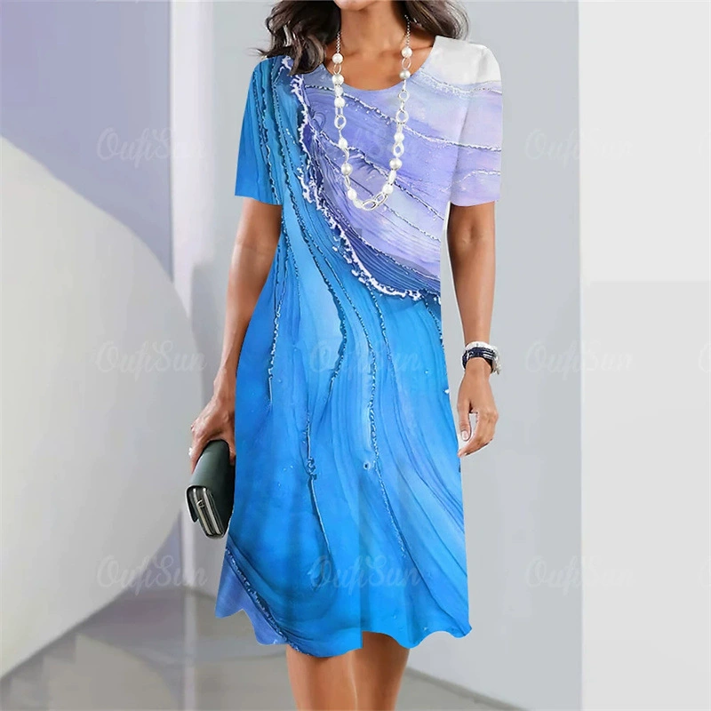 Элегантное женское платье мода 3D мраморный принт короткий рукав юбка А-силуэта новое платье большого размера повседневное женское платье