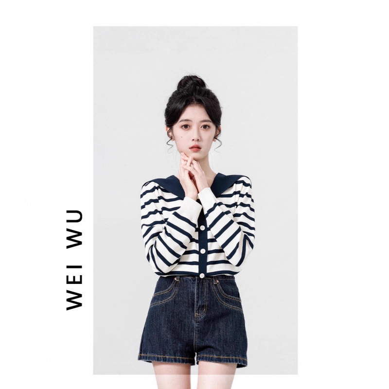 Navy Collar Blue Stripesd Knitted Cardigan for Women Spring & Fall 2025 New Contrast Color V-Neck Thin Long-Sleeved Jacket Top