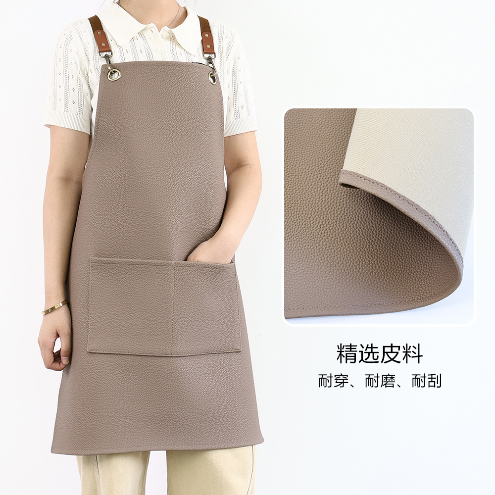 Litchi transfronterizo delantal de cuero PU impermeable ropa de trabajo manicurista teñido restaurante barista logotipo personalizado delantal