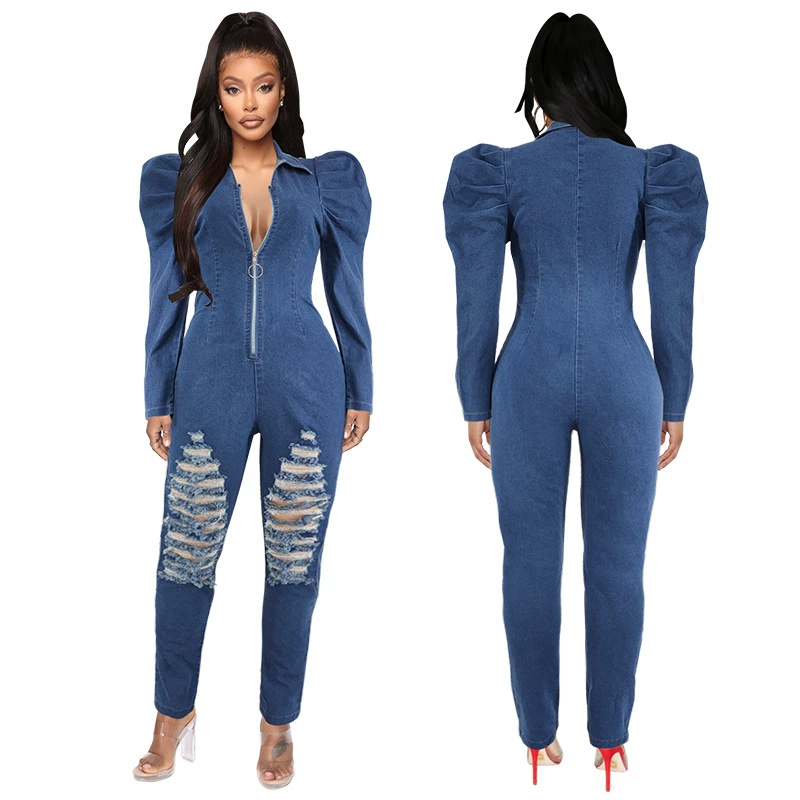 21838 Трансграничный женский 2021 Осень Новый Комбинезон с пышными рукавами Рваный топ на груди Новинка