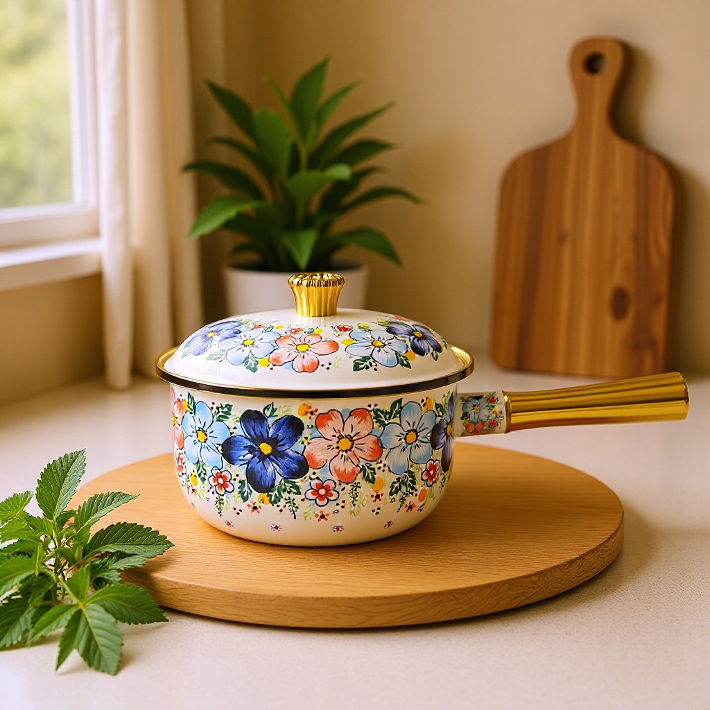 Cross-Border Wholesale Enamel Milk Pot with Bird and Flower Design, Single-Handle Household Baby Food Supplement Soup Pot, Non-Coated Material