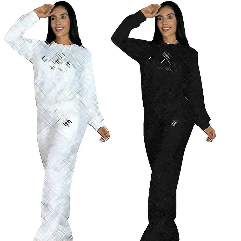 DD0121 European and American women's clothing, new cross-border fashion, sexy long-sleeved embossed set, embroidered pocket wide-leg two-piece set