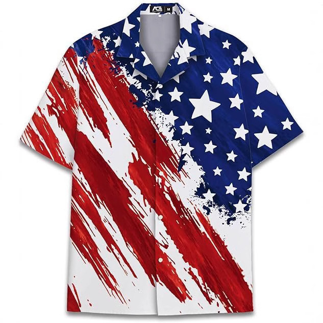 Cross-border US Independence Day Flag Shirt Men's Summer 3D Digital Printing Casual plus size Cuban Collar Shirt