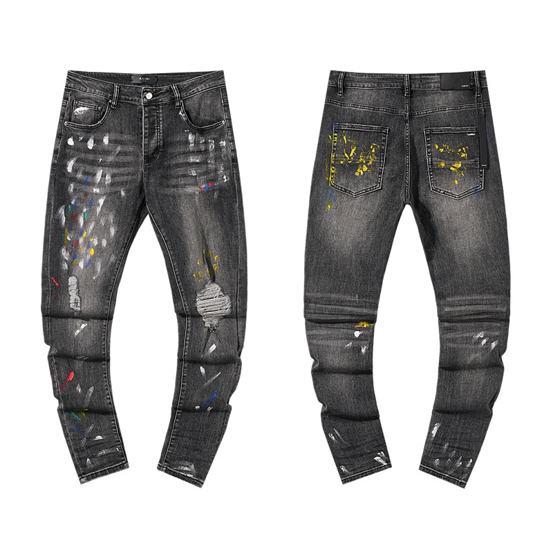 パープルブランド クロスボーダー スプラッシュプリント ハイストリート ヴィンテージ ダメージ加工 カジュアル AMIRI 男女兼用 デニムパンツ|undefined