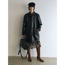 [识时]新品复古水洗pu皮夹克宽松长袖长款单排扣风衣外套女V9079