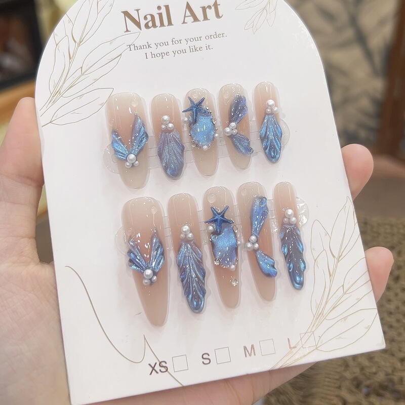 Underwater World Handmade Exquisite Wearable Nails with 3D Carved Flowers, Bright Blue Fish Tail Pearls, Detachable Nail Stickers Underwater World Handmade Exquisite Wearable Nails with 3D Carved Flowers, Bright Blue Fish Tail Pearls, Detachable Nail Stickers