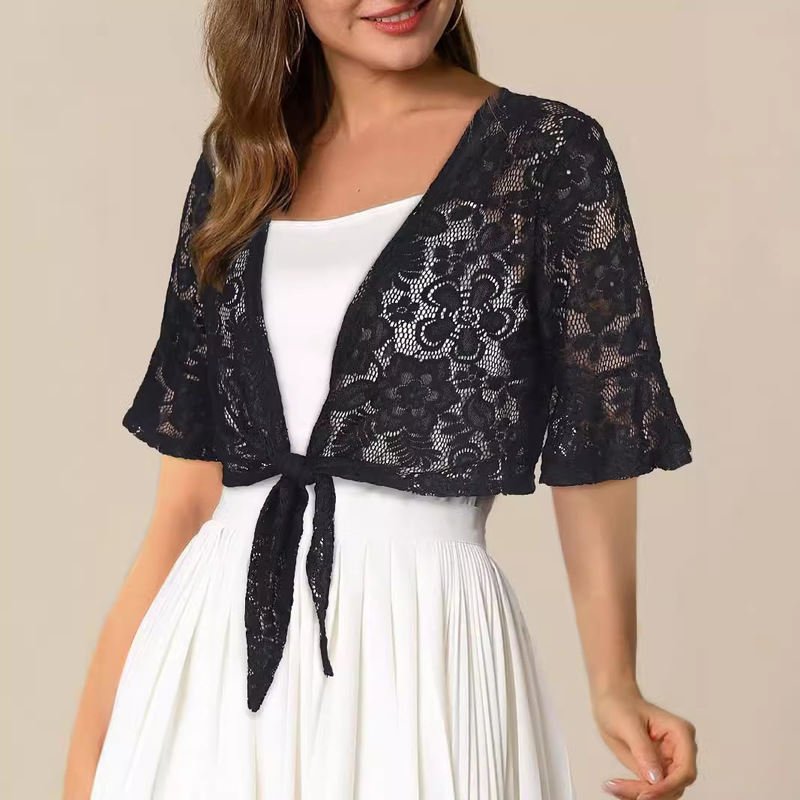 2024 Amazon Women's Short-Sleeved Lightweight Lace Crochet Short Shrug Top Cardigan, Slimming, Lightweight and Comfortable