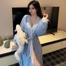 实体批发现货新款珊瑚绒睡衣女长毛绒睡袍连帽中长款可外一件代发