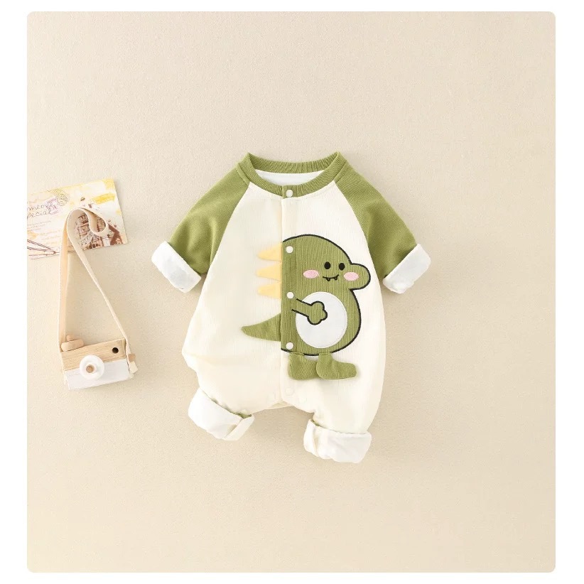 Ropa para bebés, abrigos de primavera y otoño, hombres y mujeres, bebés de dibujos animados, dinosaurios, tela de algodón de doble capa, una pieza, ropa de salida para recién nacidos