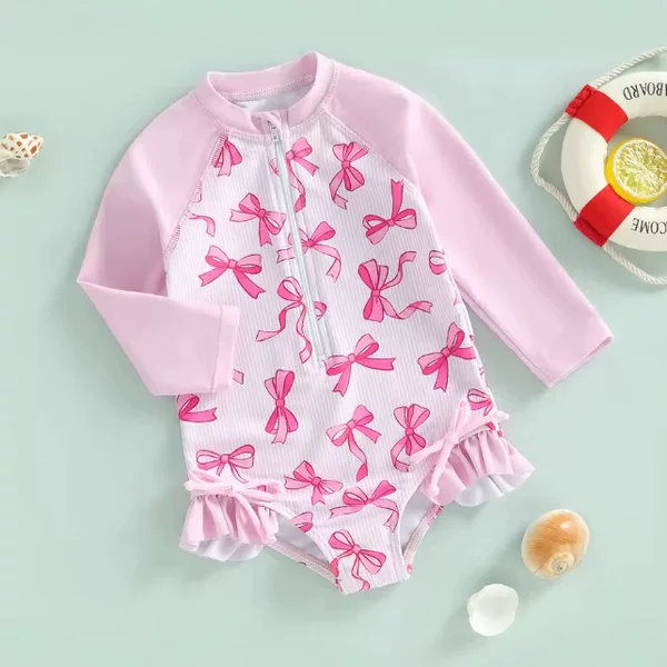 Cross-Border Foreign Trade Children's Swimsuit Set Bow Print Long Sleeves Sun Protection Girls Infant Swimwear Wholesale