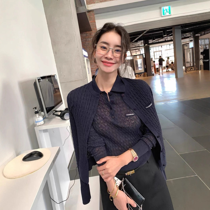 Zhengqite Clothing/Purple Label Cable Knit Set for Women 2026 Spring Wool Knitted Cardigan Polo Shirt Two-Piece Set