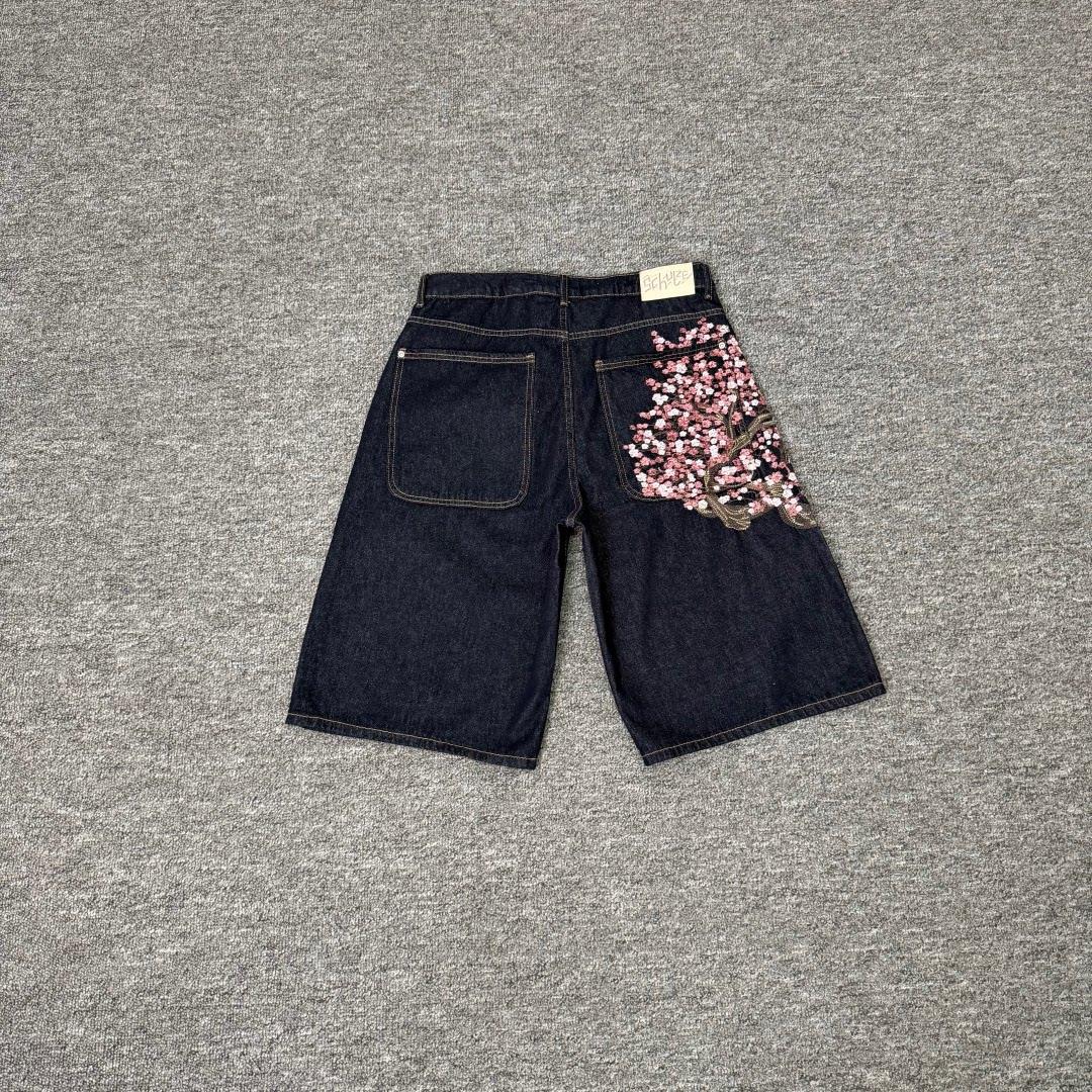 Derschutze American retro-style, heavily embroidered cherry blossom denim pants, unisex, loose-fitting, wide-leg, trendy cropped pants