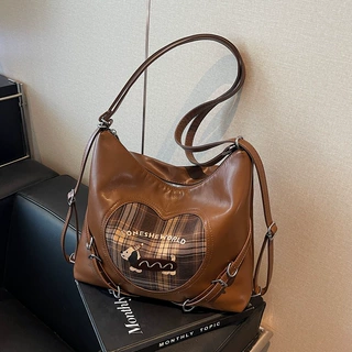 复古腊肠狗双肩包包女秋季2024新款潮韩国格子背包大容量学生书包