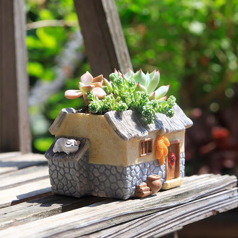 Chậu Cây Resin Chậu cây mọng nước hình nhà đồng quê mini resin, chậu tiểu cảnh để bàn, trang trí nhà và văn phòng (RG-101)