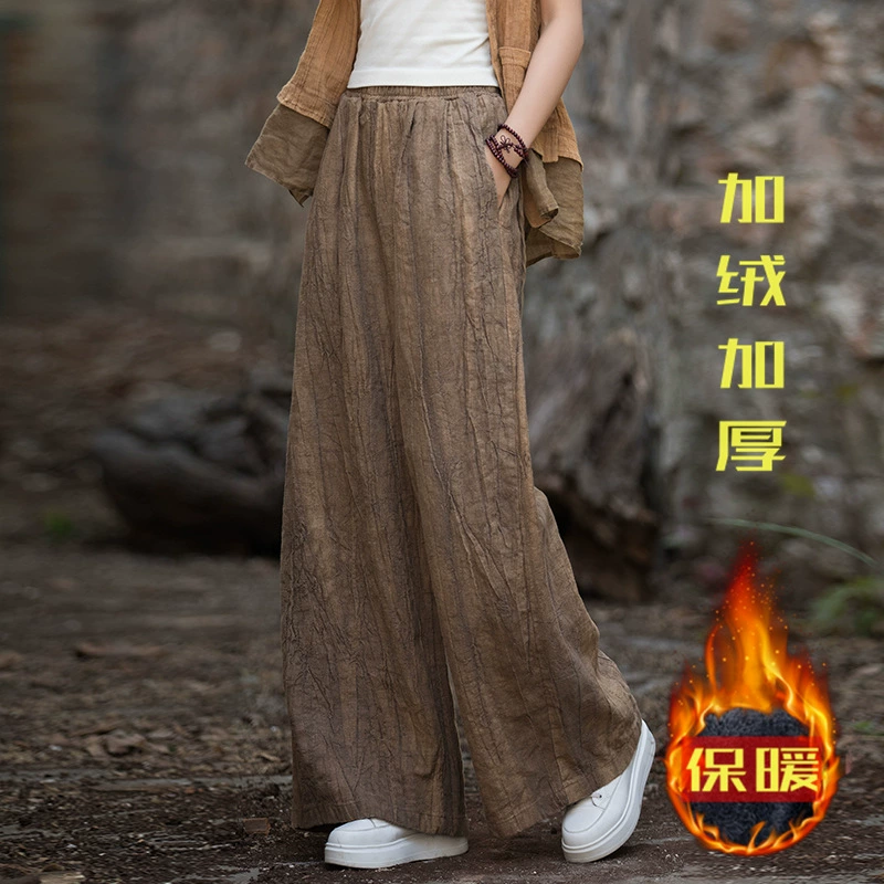 Зимние женские брюки из хлопка и льна с флисовой подкладкой и утолщенным плетением тай-дай, повседневные широкие брюки для женщин, универсальные широкие хлопковые брюки.