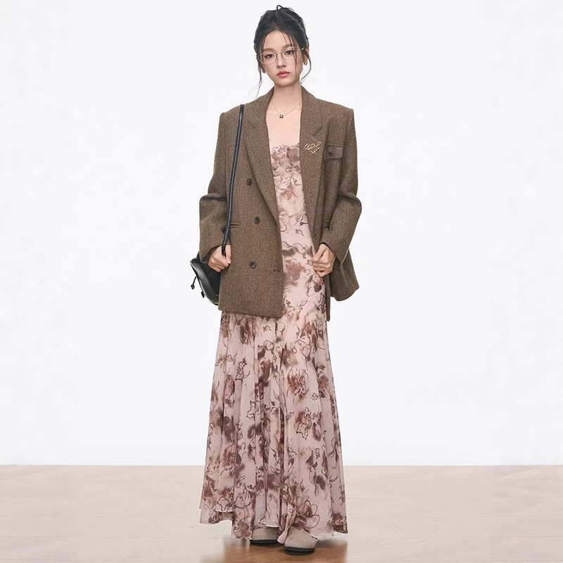 2026 Spring New Style High-End Woolen Suit Jacket for Women + Designer Long Skirt White Dress