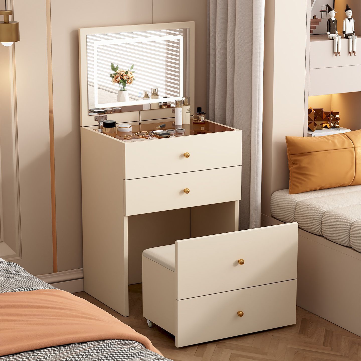 Storage Cabinet Makeup Table Cream Integrated Solid Wood Dresser Home Style Small Apartment Modern Simple Bedroom Bedside Table