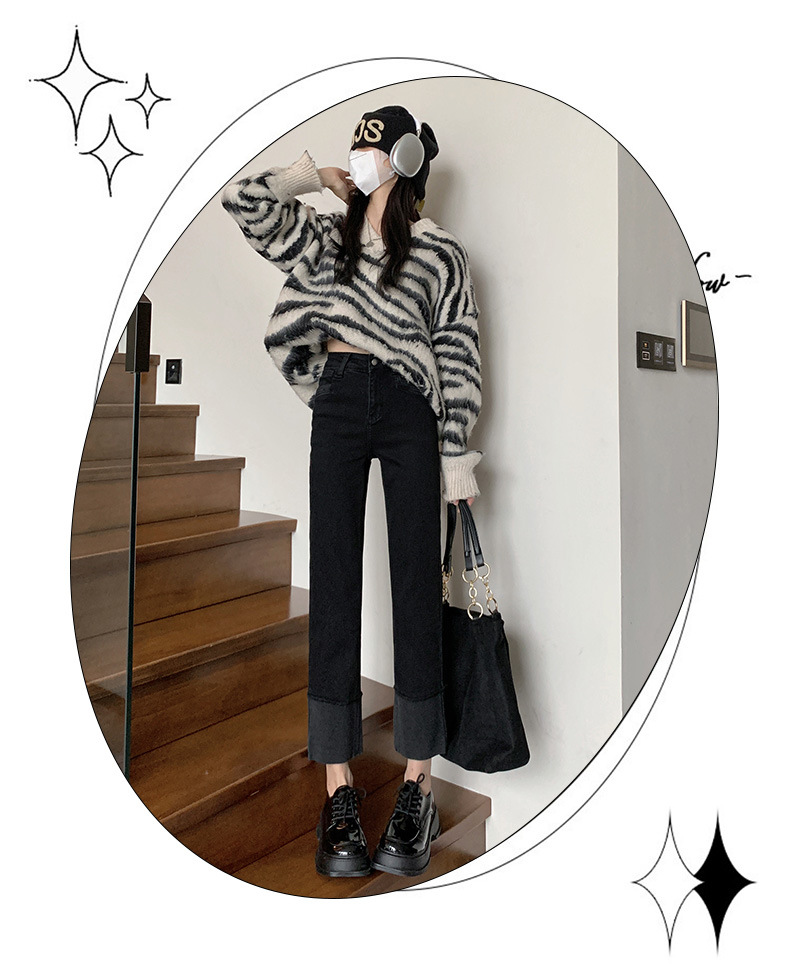 Rolled-up high-waisted straight-leg jeans for women in spring, Korean style, elastic and slimming, making you look petite. Trendy cigarette tube pants pic 16