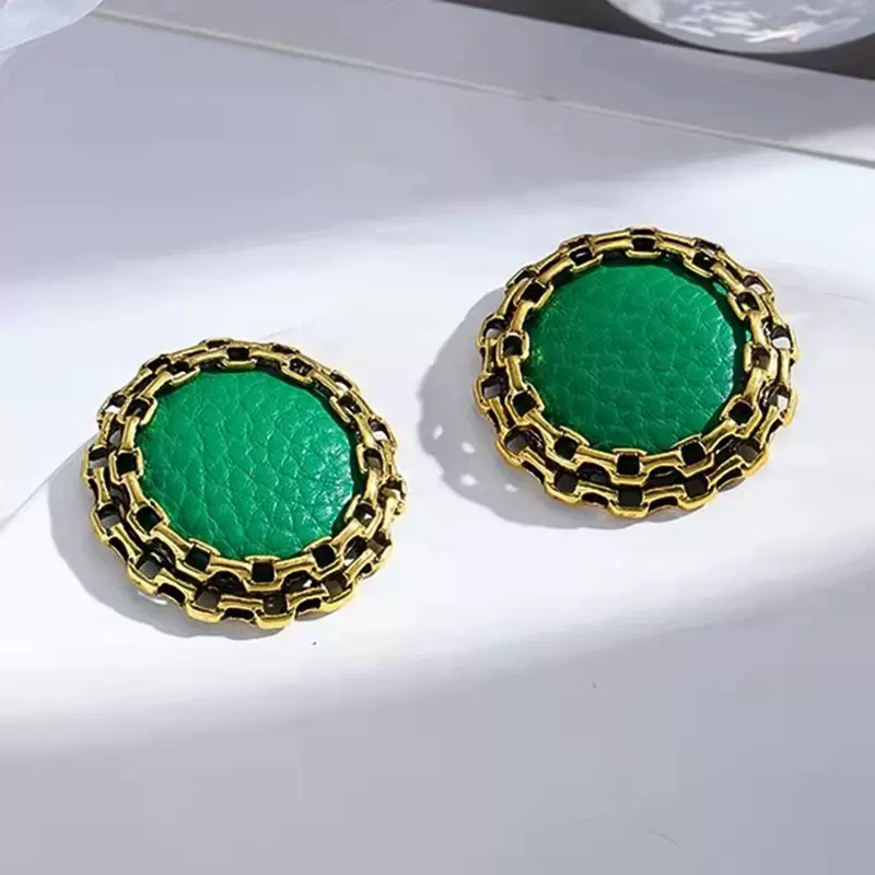 新款S925银针镂空圆形皮革几何耳钉女韩国小众个性夸张复古耳饰潮