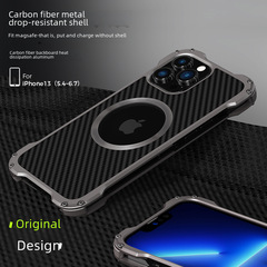 適用iphone14全包magsafe金屬殼蘋果13promax碳纖維凱夫拉手機殼