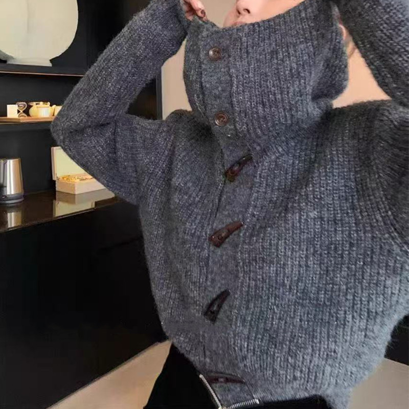秋冬新款女装高领短款上衣春装慵懒外套棕色牛角扣翻领毛衣开衫女|undefined