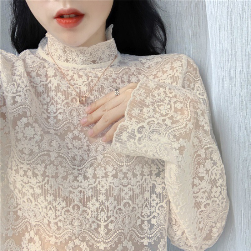 Full of details ~ exquisite small stand collar lace crocheted shirt shirt Women's inner matching partner bottoming shirt