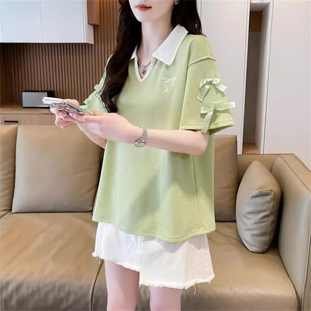 2-300 kg extra grande waffle polo cuello de polo camiseta de manga corta verano femenino nuevo estilo suelto y delgado pajarita top